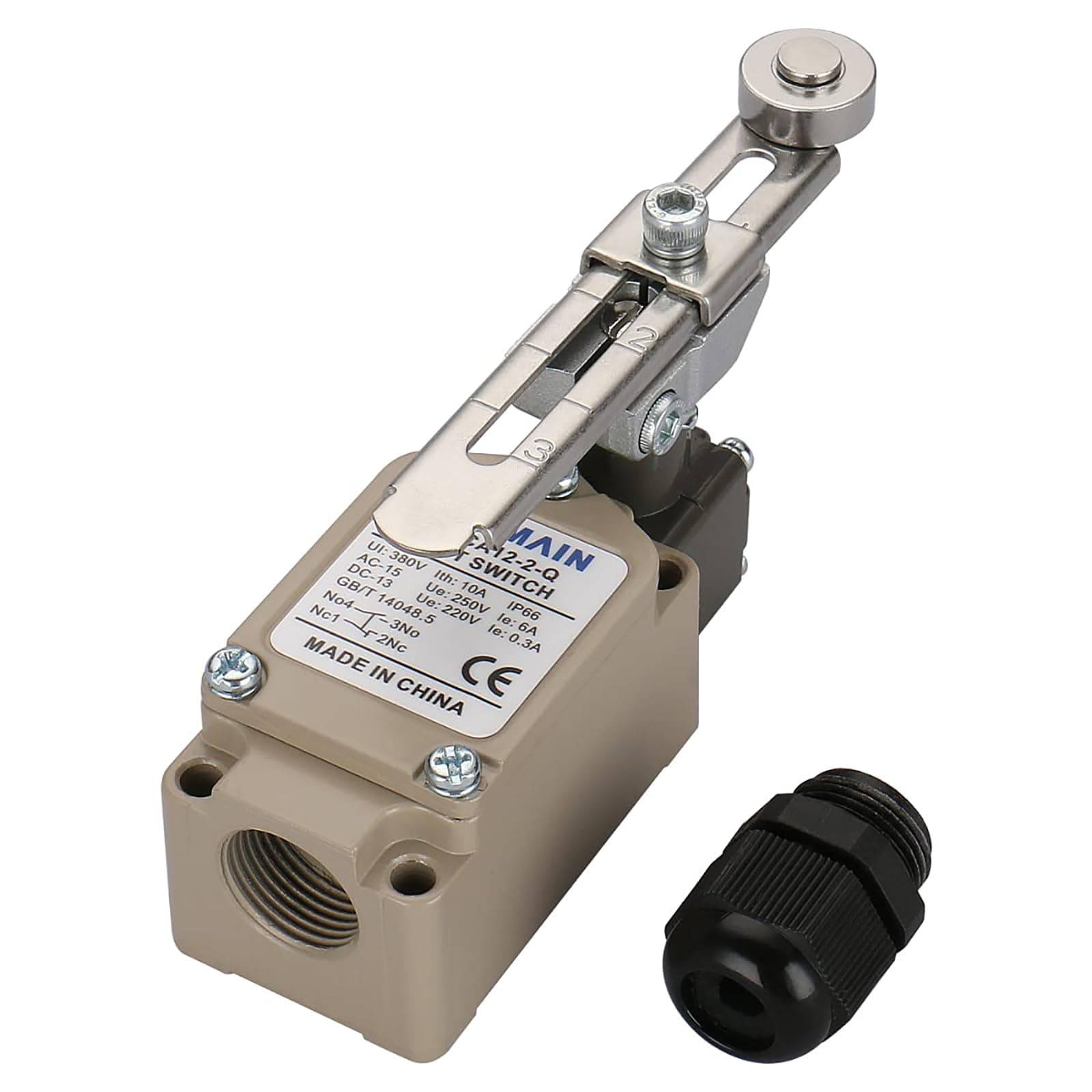 BAOMAIN WLCA12-2-Q Adjustable Roller Lever Limit Switch, SPDT 1NO 1NC Momentary Action, Waterproof IP66, 10A 380V AC for CNC Milling, Lathe, Machine Tools, Conveyors &Gate Control (with Cable Gland)
