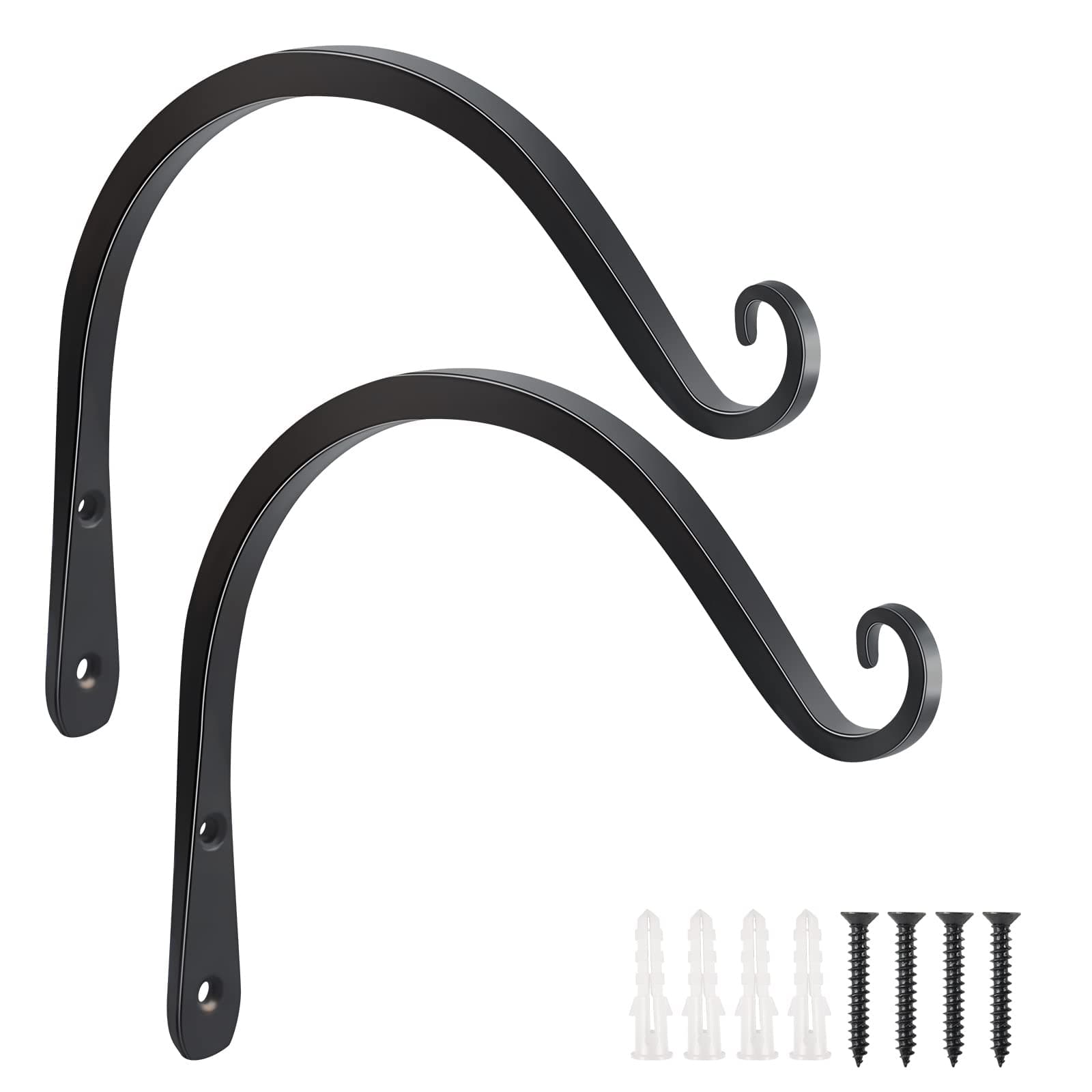 FEED GARDEN Heavy Duty Plant Hooks - 2 Pack 8 Inch Wall Mounted Hanging Brackets, 44lb Capacity Steel Plant Hangers for Bird Feeders, Baskets, Wind Chimes - Black