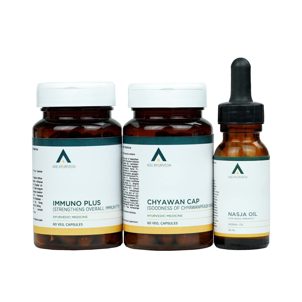 Sugar-Free Immunity Kit With Chyawancap (Sugar Free Fat Free Chyawanprash Capsules) 60 Vegan Capsules | Immuno Plus 60 Vegan Capsules | Nasja Nasal Oil 30 ml For All Age Group Pack Of 3