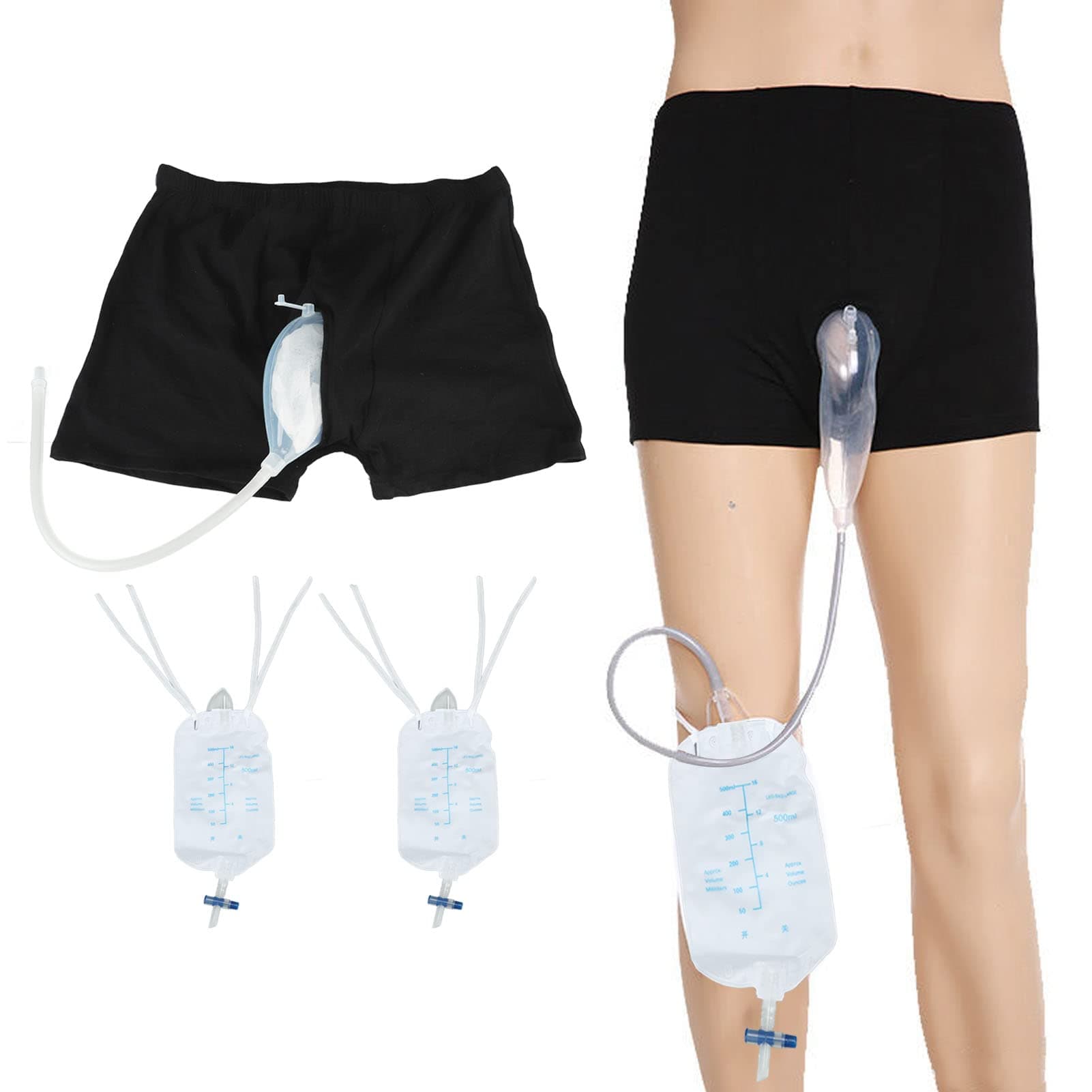 Wearable Men Urinal Bag, Elastic Waistband Reusable Portable Male Shorts Pee Bag with 2Pcs 500ml Collection Urine Bag for Incontinence Elderly(S)