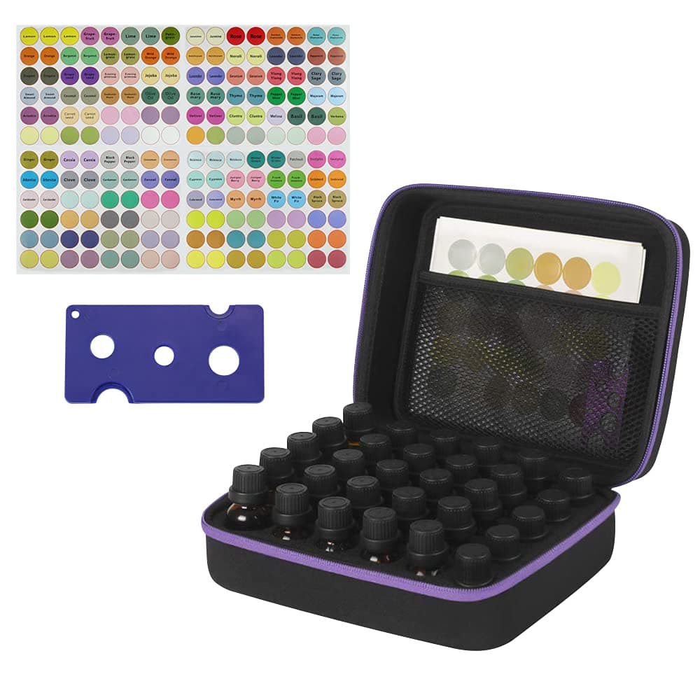 GIRAFEDA 30 Bottles Essential Oil Box Essential Oils Storage Waterproof Nail Polish Storage Box EVA Organzier Bag with Label Stickers and Bottle Opener for 5ml, 10ml, 15ml Bottles(Black+Purple)