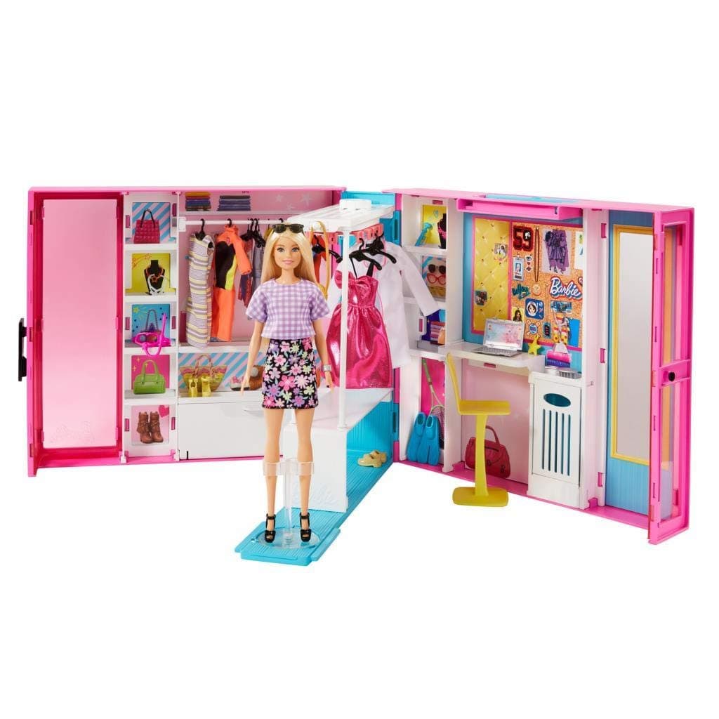 Dream Closet with Blonde Doll & 25+ Pieces, Toy Closet Expands to 2+ ft / 60+ cm Wide & Features 10+ Storage Areas, Full-Length Mirror, Customizable Desk Space and Rotating Clothes Rack