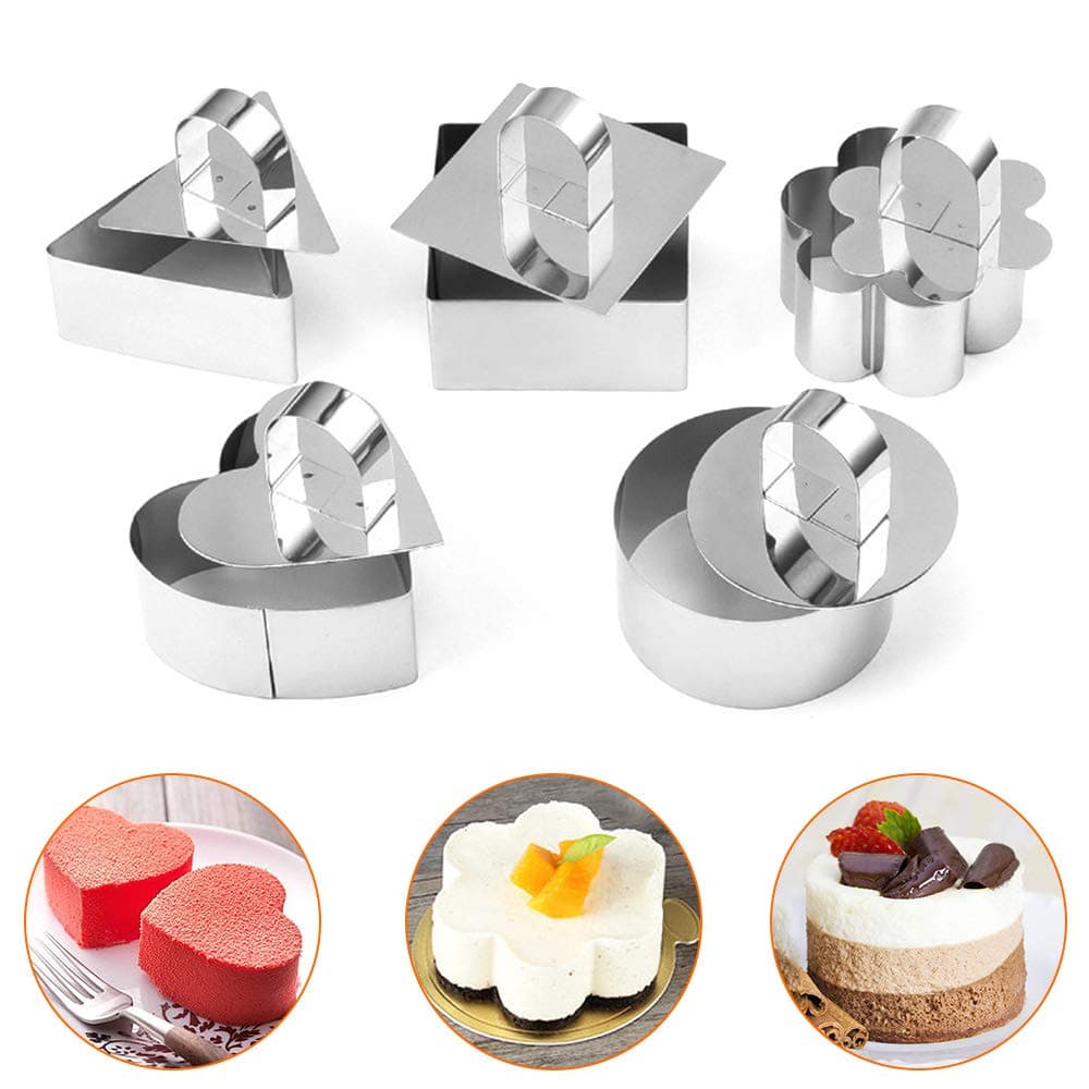 Achort 5 Pcs/Set Cake Mold Stainless Steel Cake Ring Cake Tin Cooking Ring Cake Mould Set with Pusher 3 x 3 inch for Cooking Mousse Desserts