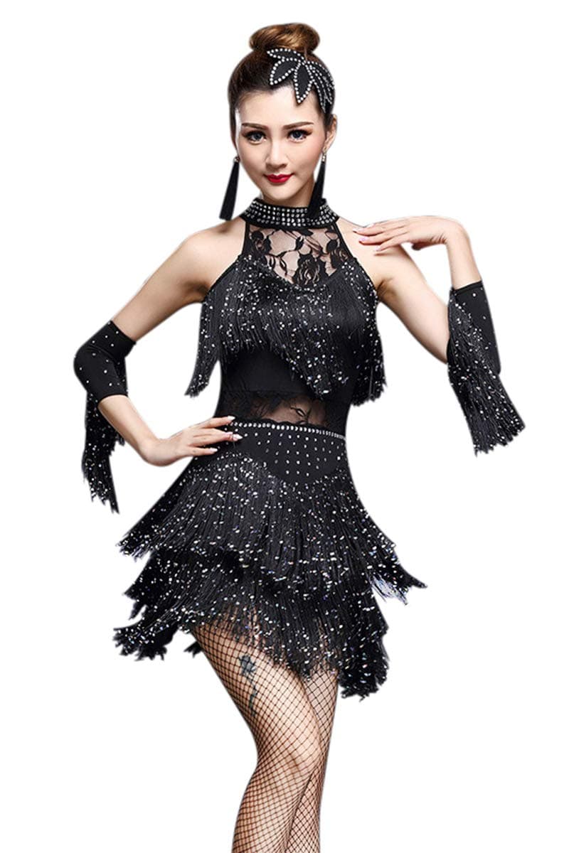 ZX Women's Dance Dress Rhinestone Sequin Fringe Flapper Party Dress Latin Salsa Ballroom Dancing 4 Pieces Outfits