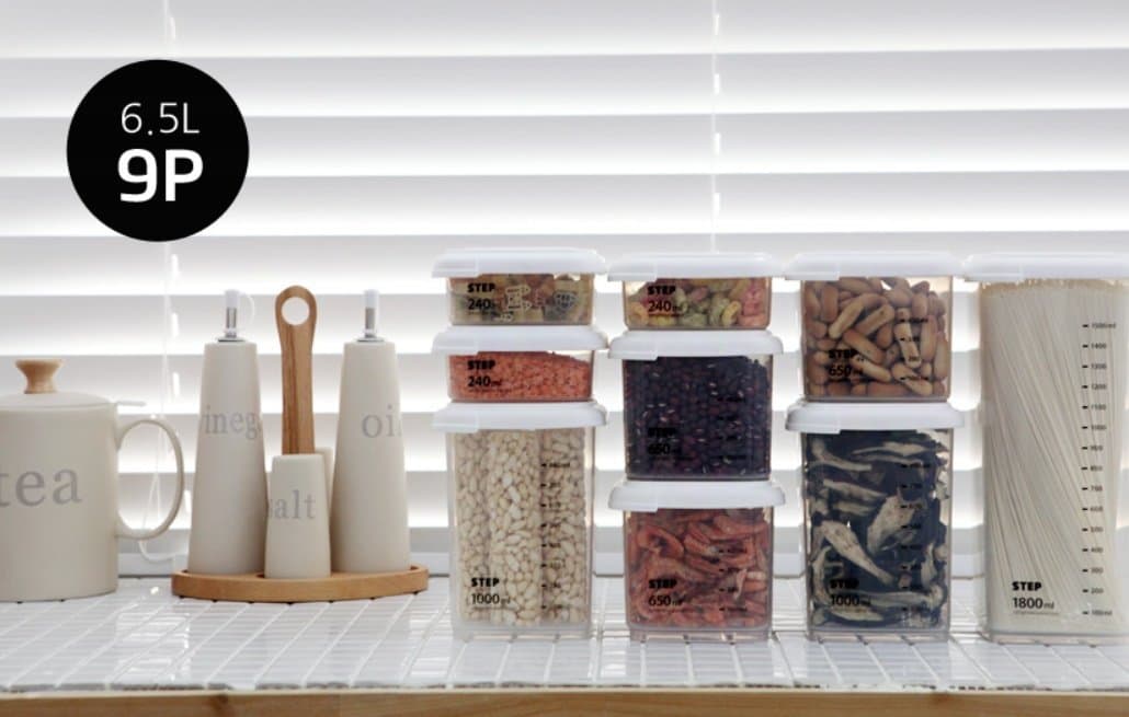 Kitchen Refrigerator Organizer, Fridge and Freezer Storage, Food Containers with Lids No.1(240ml3P)+No.2(650ml3P)+No.3(1000ml2P)+No.4(1800ml1P), Set of 9(6.5L), Translucent