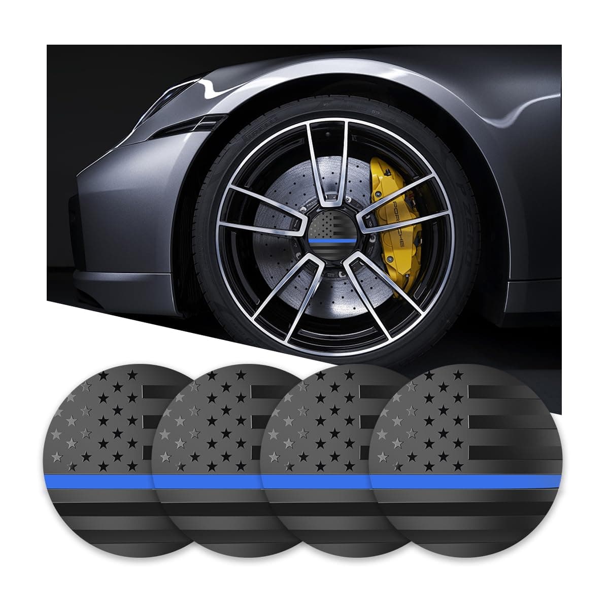 4PCS American Flag Car Wheel Center Caps, 56mm Vehicle Hub Caps Covers for Rims, Waterproof Dustproof Automotive Exterior Decals Accessories Universal for SUV, Truck, RV（Black/Blue）