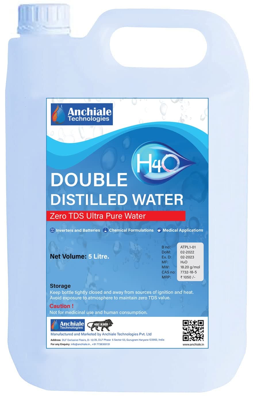 H4O: (5 Litre) Double Distilled Ultra Pure Water (TDS = 0), Great for Inverter Batteries, Medical Equipments, DIY Cosmetics, and Lab Experiments.