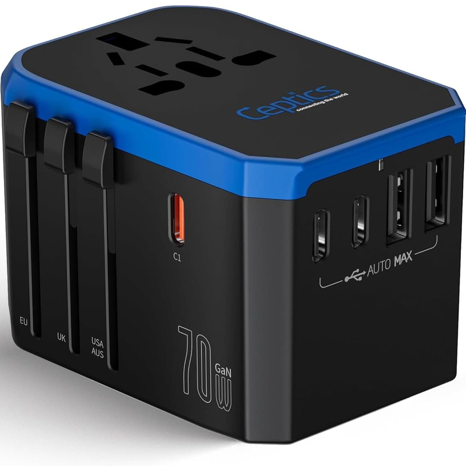 70W World International Travel Plug Adapter - Powerful GaN Tech with Pd & QC 3.0 Dual 3X USB-C Power - 2 USB Ports Wall Charger Type I C G A Outlets 110V 220V A/C - EU Euro US UK (70-KU)