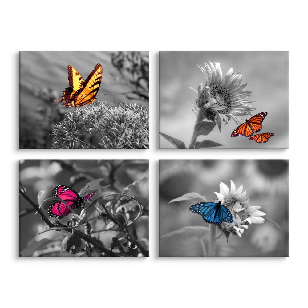 Biuteawal - 4 Panel Art Wall Decor Color Butterfly on Sunflower Picture Black and White Wall Art Flower Prints Posters Contemporary Canvas Artwork Framed Gallery Wrapped for Offical Home Decorations