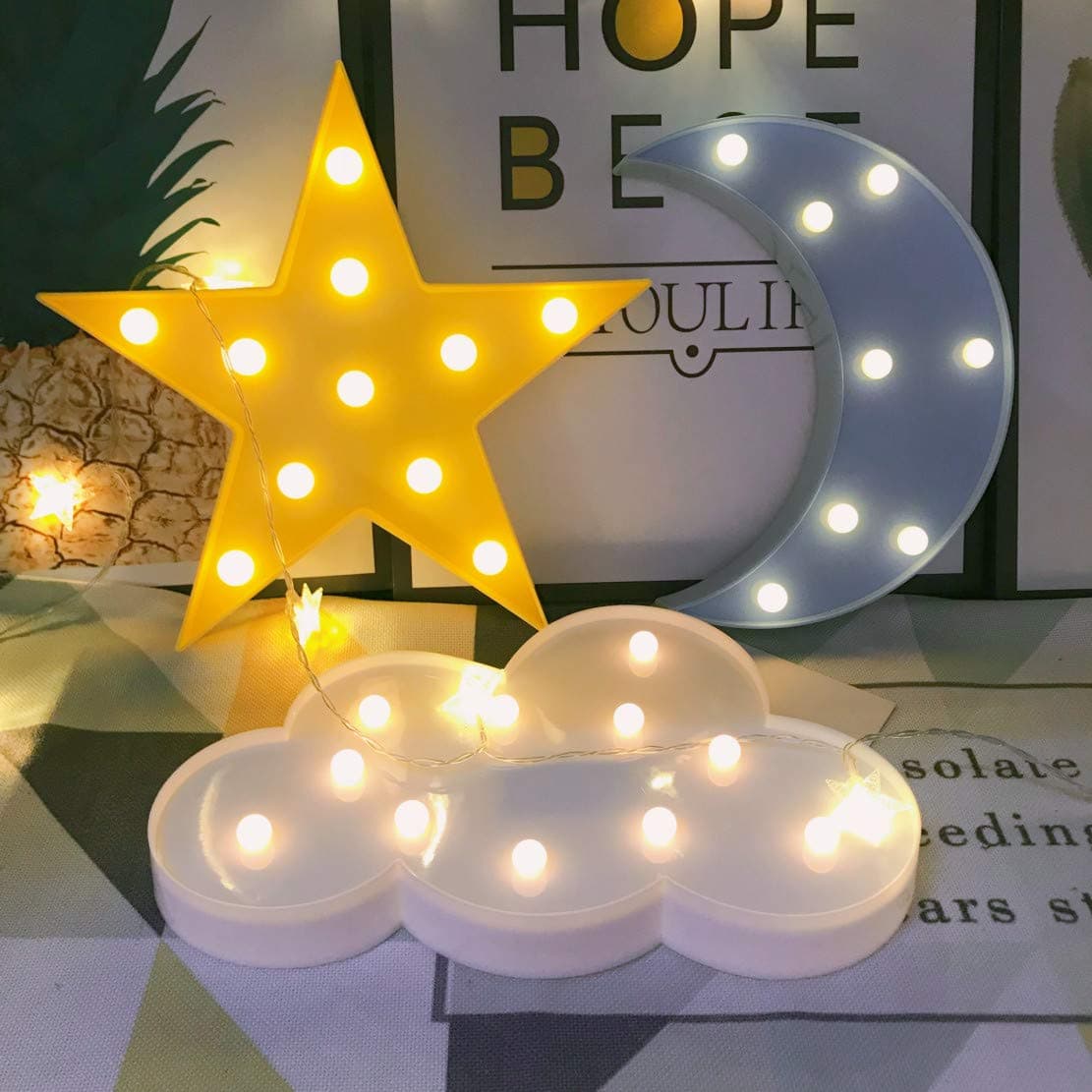 QiaoFeiDecorative LED Crescent Moon Cloud Star Night Lights for Kids Girls and Adults, Nursery Night Lamp Gift for Children Baby Room Party Holiday Decorations (Blue Moon-Yellow Star-White Cloud）