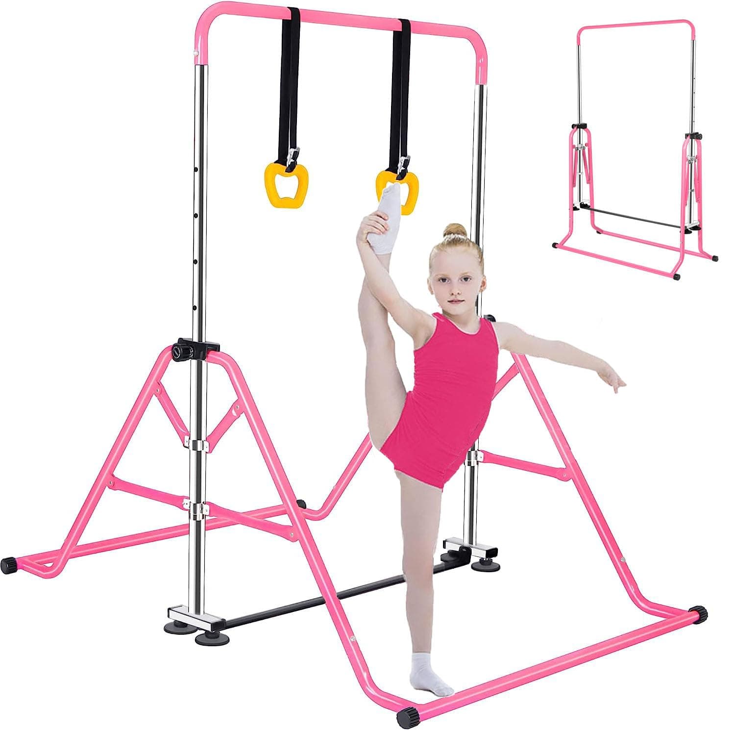Gymnastics Bar for Kids, Junior Training Kip Horizontal Bar Gymnastics Equipment for Home, Adjustable Telescopic Height Folding Horizontal Bar with Gymnastic Rings for 3-12 Years Old Kids