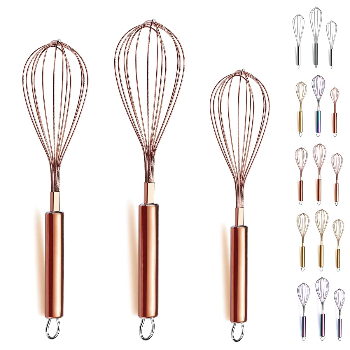 Kyraton Rose Gold Whisk Set, 3pc Stainless Steel 8", 10", 12" Titanium Plated, Kitchen Cooking Whisk