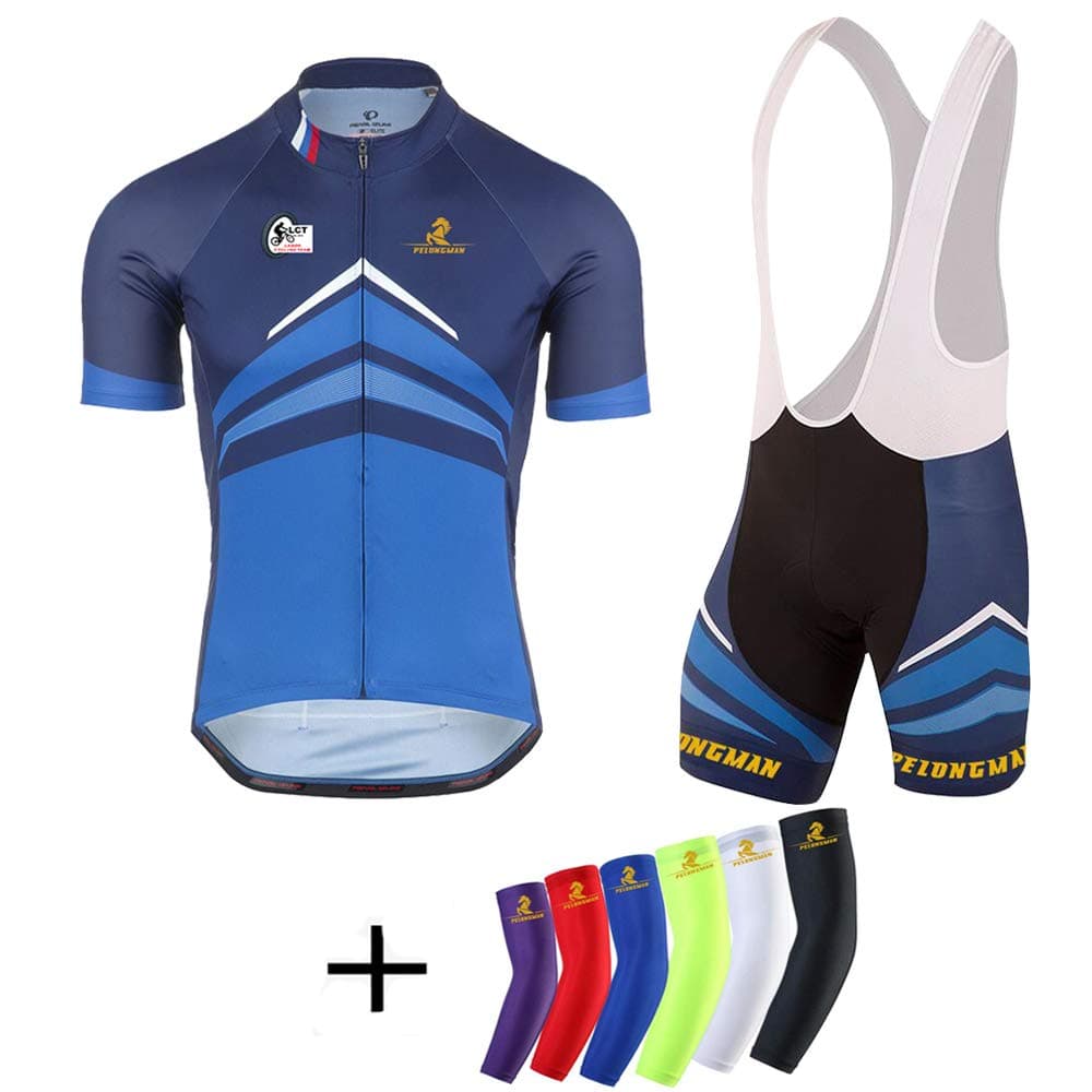Pelongman Men's Cycling Wear+Moutain Bike Short Sleeve Set Quick Dry Breathable Pro Cycling Jersey + Bib Shorts with 20D Padded Pants+ A Pair of Arm Sleeve