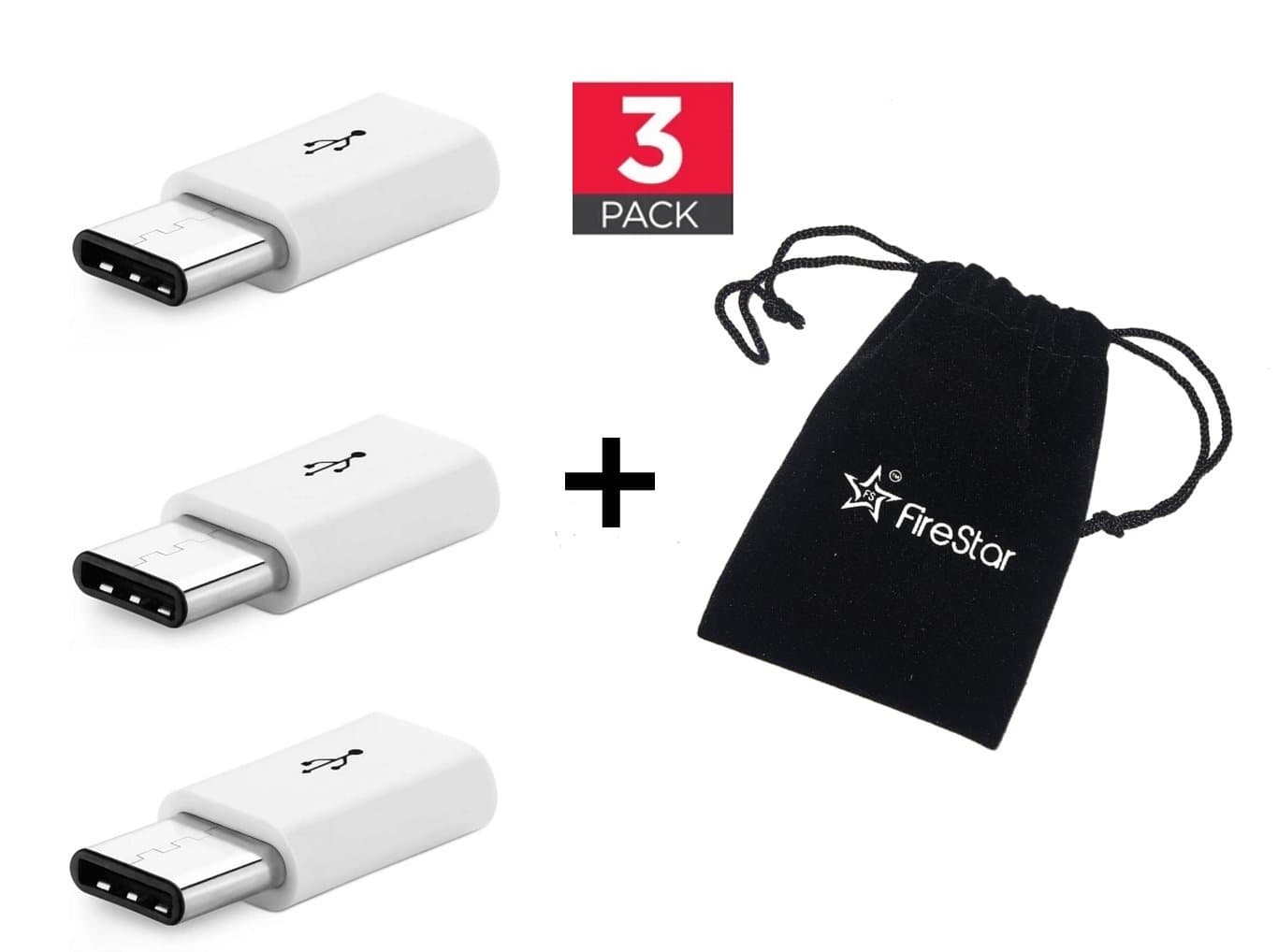 USB C Adaptor, [3 in 1 Pack] + [ Free Suede Firestar Storage Pouch] USB C (male) to Micro USB Adaptor (female), Converts USB Type C input to Micro USB, Uses 56K Resistor, Works with Samsung S8, MacBook, Nintendo Switch, ChromeBook Pixel, Nexus 5X, Nexus 6P, Nokia N1, OnePlus 2 and More