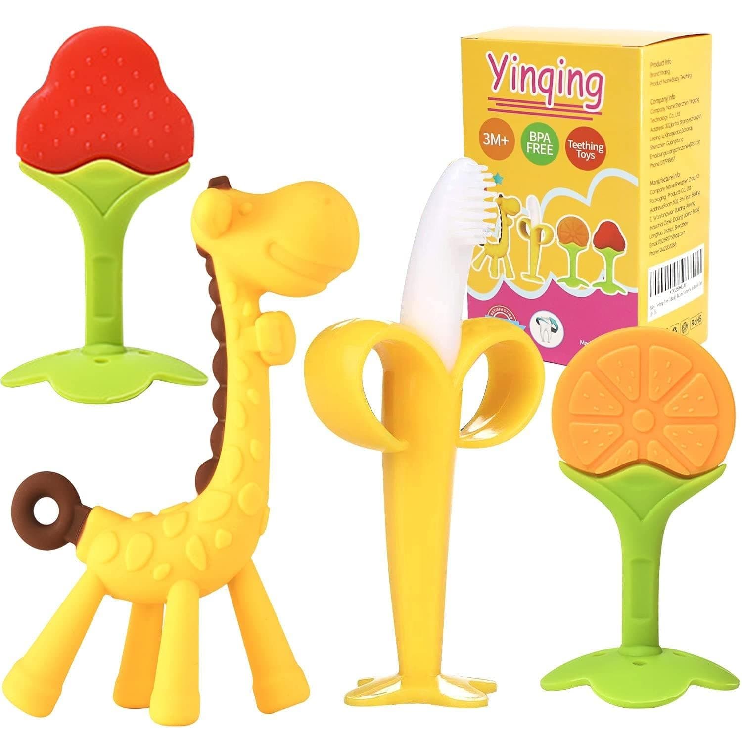 Baby Teething Toys (4 Pack),Silicone Baby Teether Soothe Babies Gums,Baby Banana Toothbrushes, Fruit Shape Giraffe Teething Toys with Storage Case/Bpa-Free Teether Set for Toddler