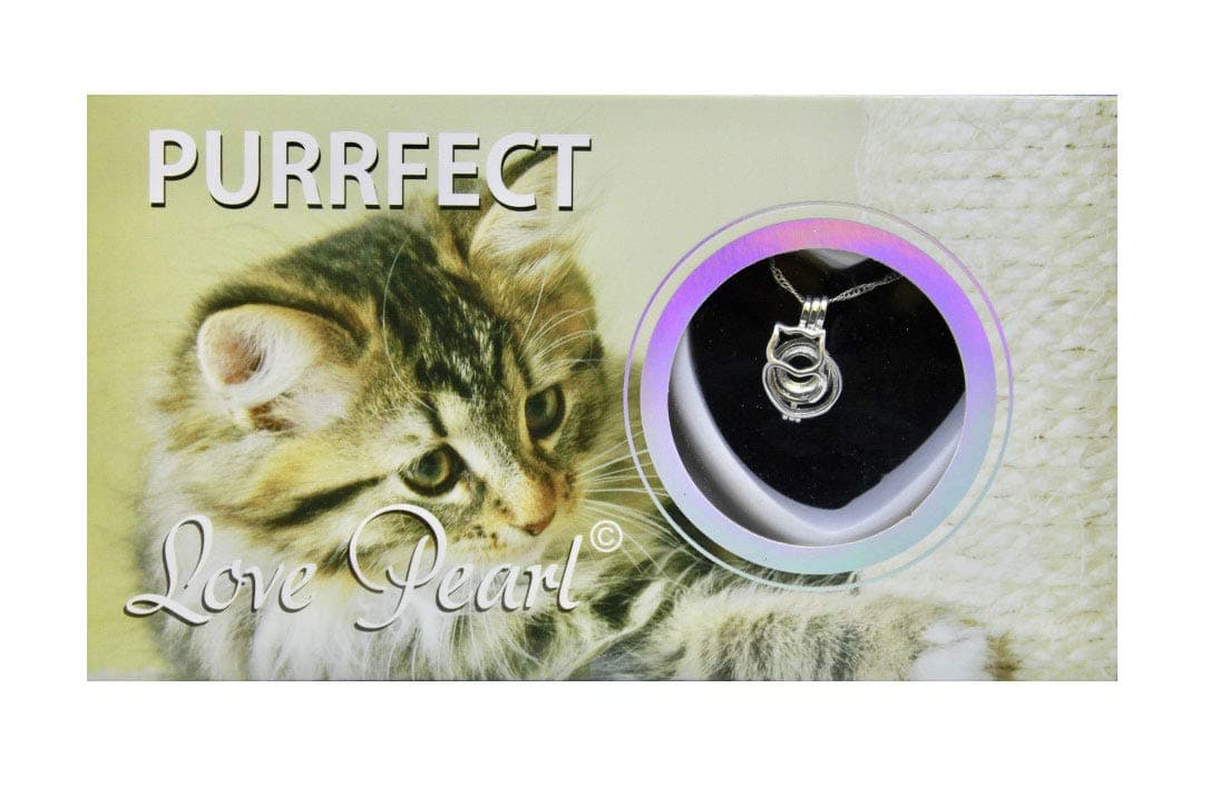 Purrfect Cat Love Necklace Set - Cultured Pearl Pendant and 16" Stainless Steel Chain