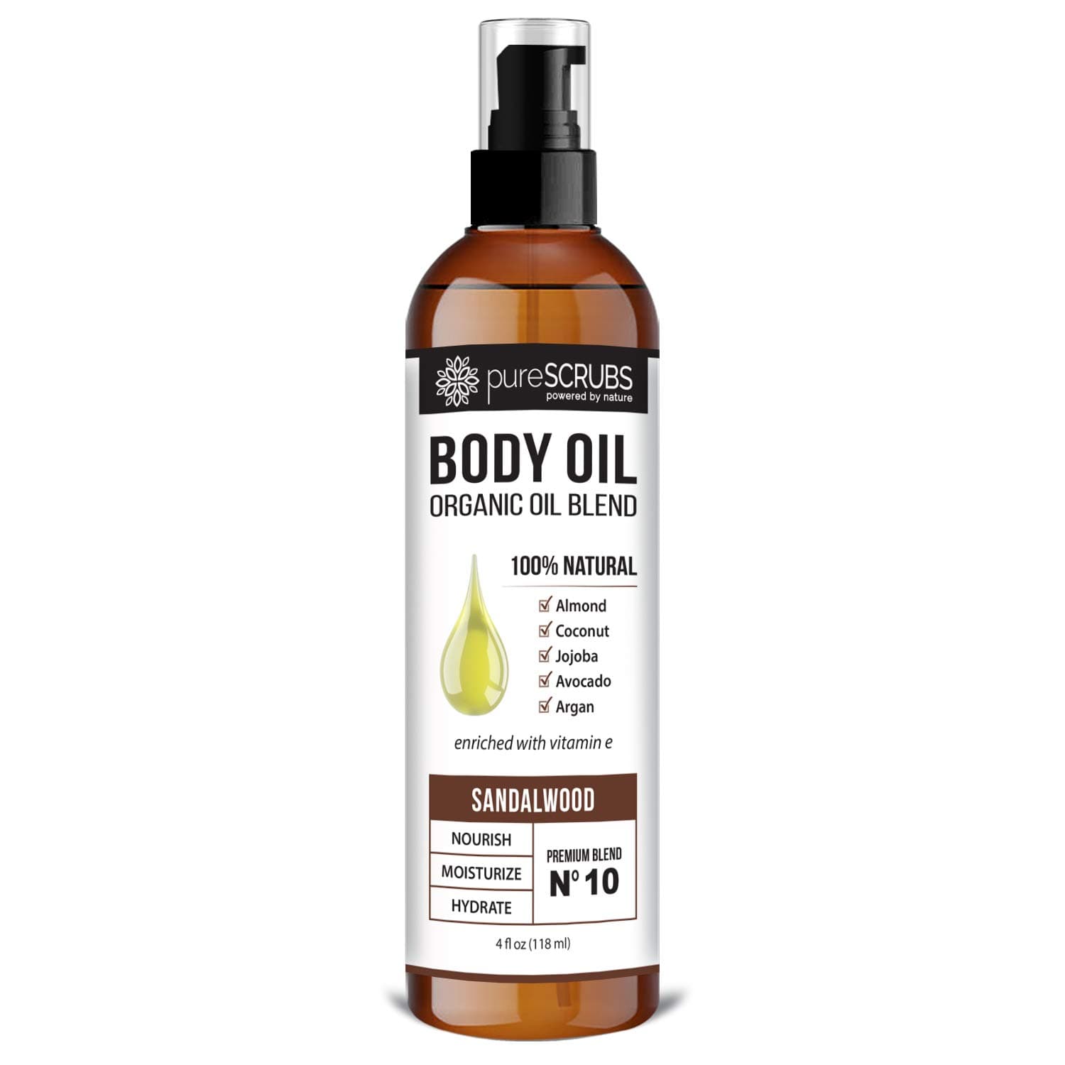 Ultra Moisturizing SANDALWOOD BODY OIL Spray For Dry Skin, Massage, Cuticles & More, Organic Blend of Jojoba, Argan, Coconut, Sweet Almond & Avocado Oils Enriched with Vitamin E - Lg 4oz