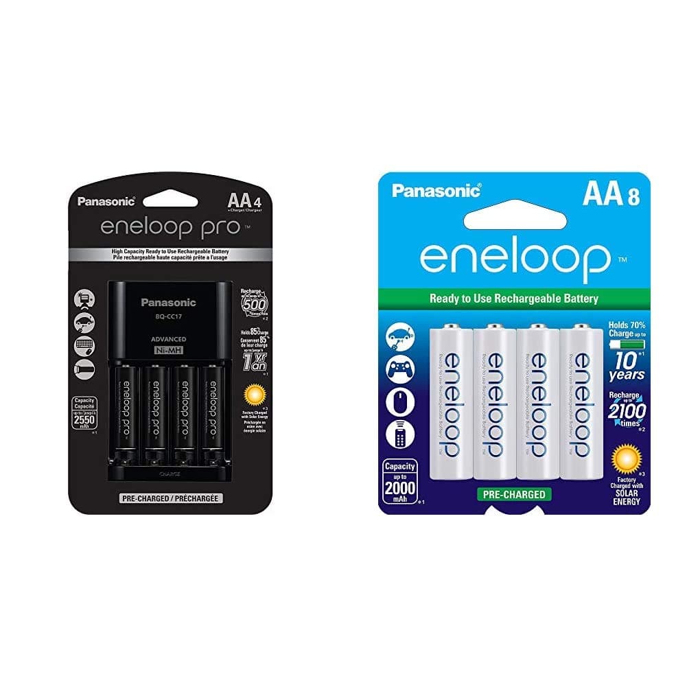 Eneloop Panasonic K-KJ17KHCA4A 4-Position Charger with AA PRO Rechargeable Batteries, 4 pk & Panasonic BK-3MCCA8BA AA 2100 Cycle Ni-MH Pre-Charged Rechargeable Batteries, 8-Battery Pack