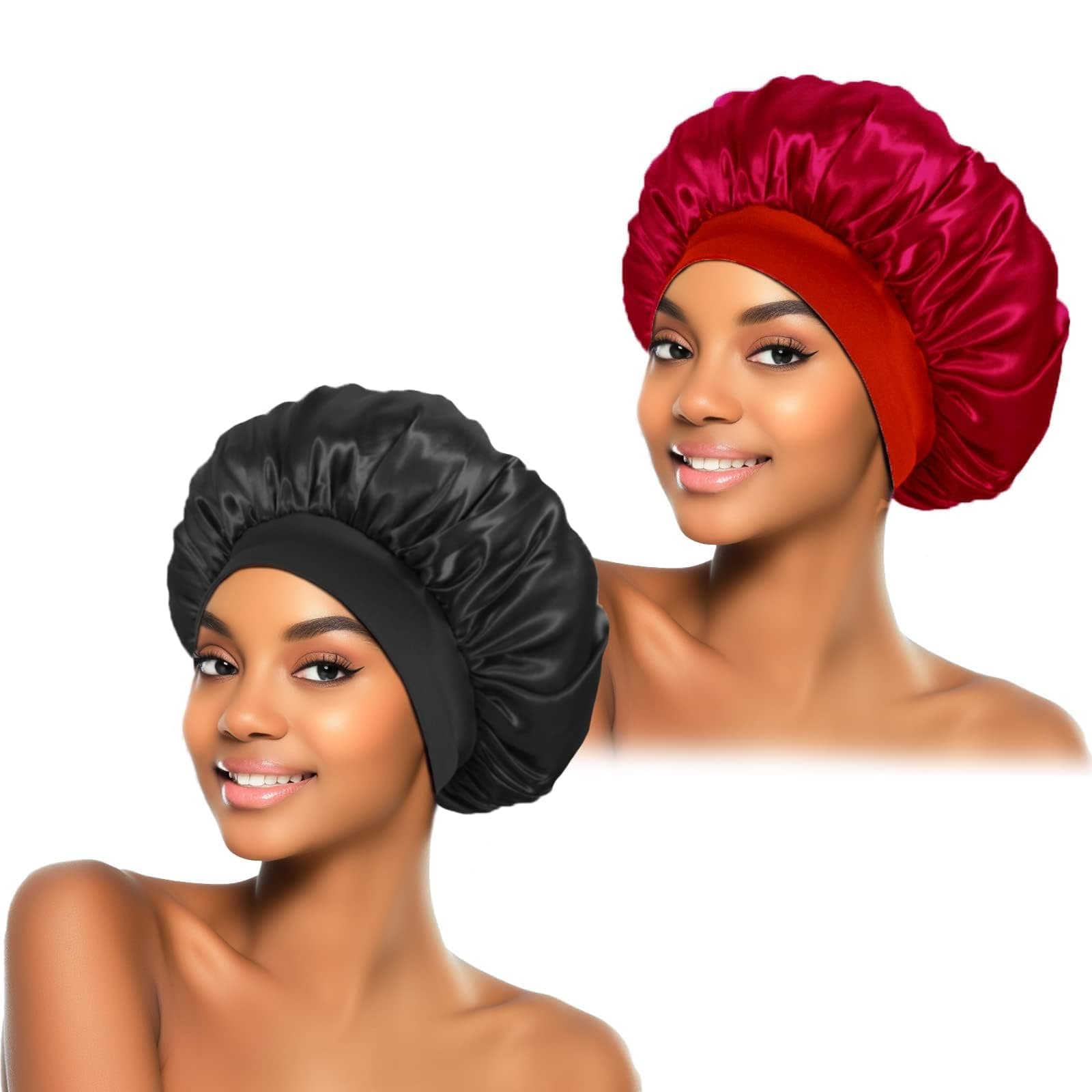2Pcs Silk Bonnet for Sleeping, Satin Hair Bonnets, Soft Elastic Band Silk Sleep Cap, Hair Wrap for Women(Black Burgundy)