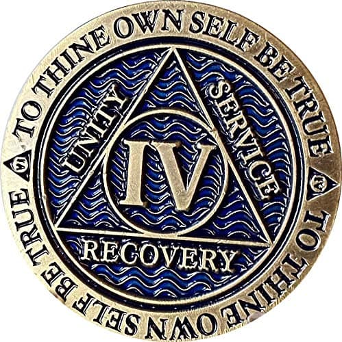 4 Year AA Medallion Reflex Antique Blue Color Sobriety Chip IV Serenity Prayer Back