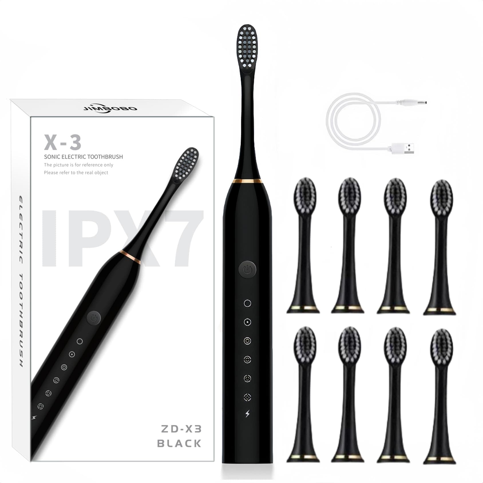 JIMBOBO Electric Toothbrush for Adults and Kids, Sonic Powerd Whitening Toothbrush with 8 Brush Heads, 6 Cleaning Modes, 2 Mins Smart Timer, 42000 VPM, USB Rechargeable, One Charge for 60 Days (Black)