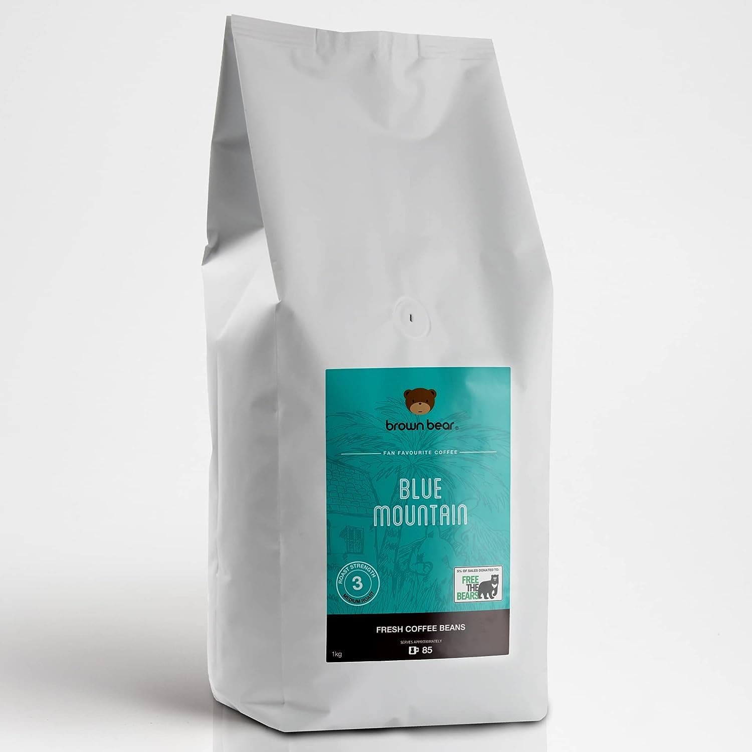 Blue Mountain Medium Roast Coffee Beans 1kg - Brown Bear - for All Coffee Machines - Strength 3 - Donation to Free The Bears - 100% Arabica