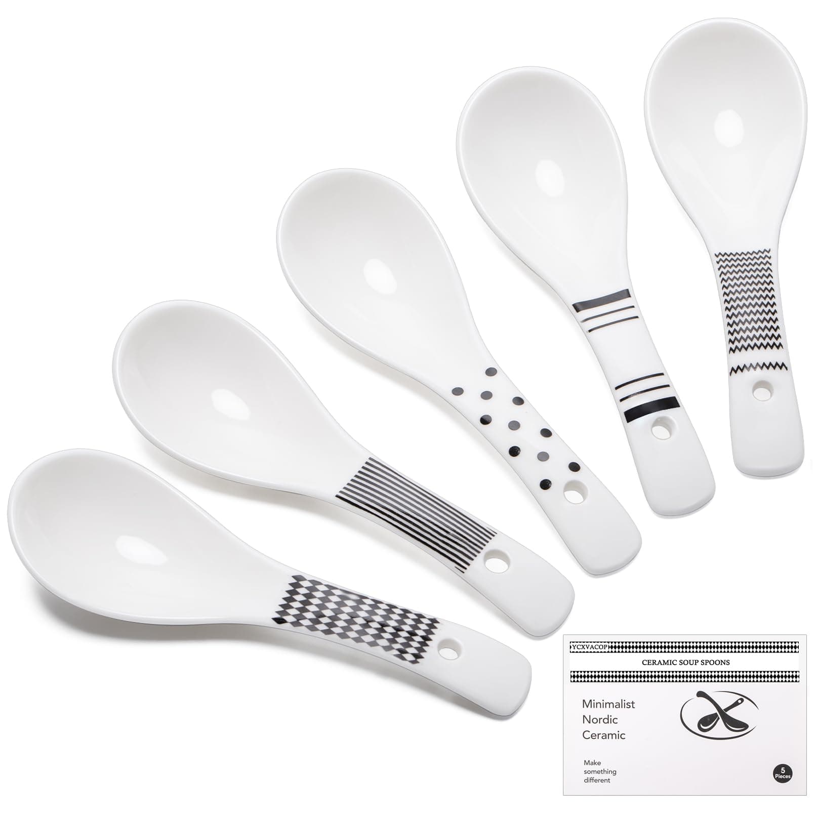 Asian Soup Spoon,Ceramic Spoon Chinese Soup Spoons,5.5 Inch Ramen Spoons,Porcelain Soup Spoons,Long Handle Japanese Soup Spoon for Ramen Dumpling Pho Wonton,Set of 5