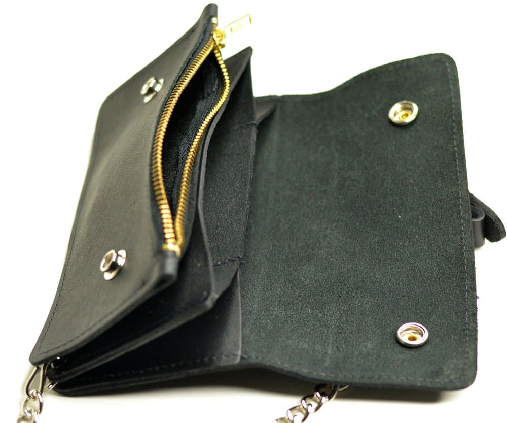 Men's Genuine Black Leather Biker Wallet with Chain Zipper Stud Trucker Purse Wallet
