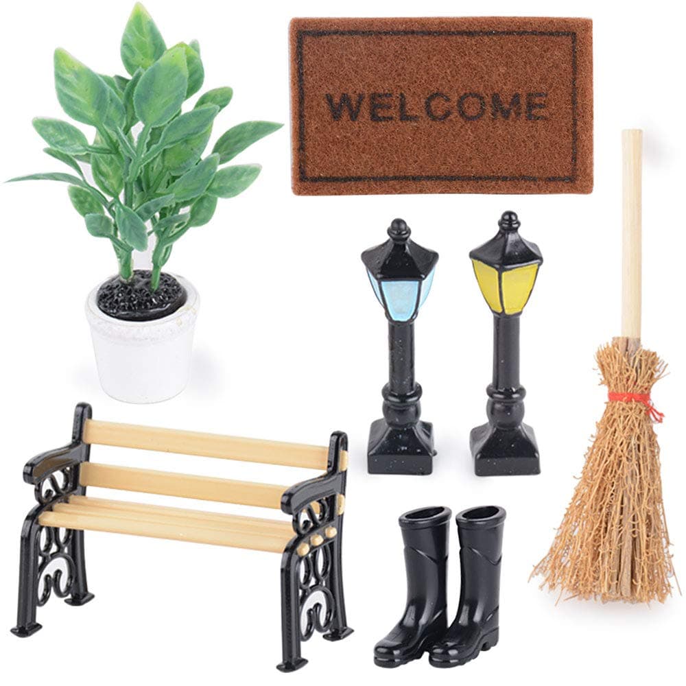 7 Pieces Miniature Garden Accessories Ornaments Bench + Street Light + Rain boots + Potted + Carpet + Broom DIY Miniature Fairy House Garden Tools