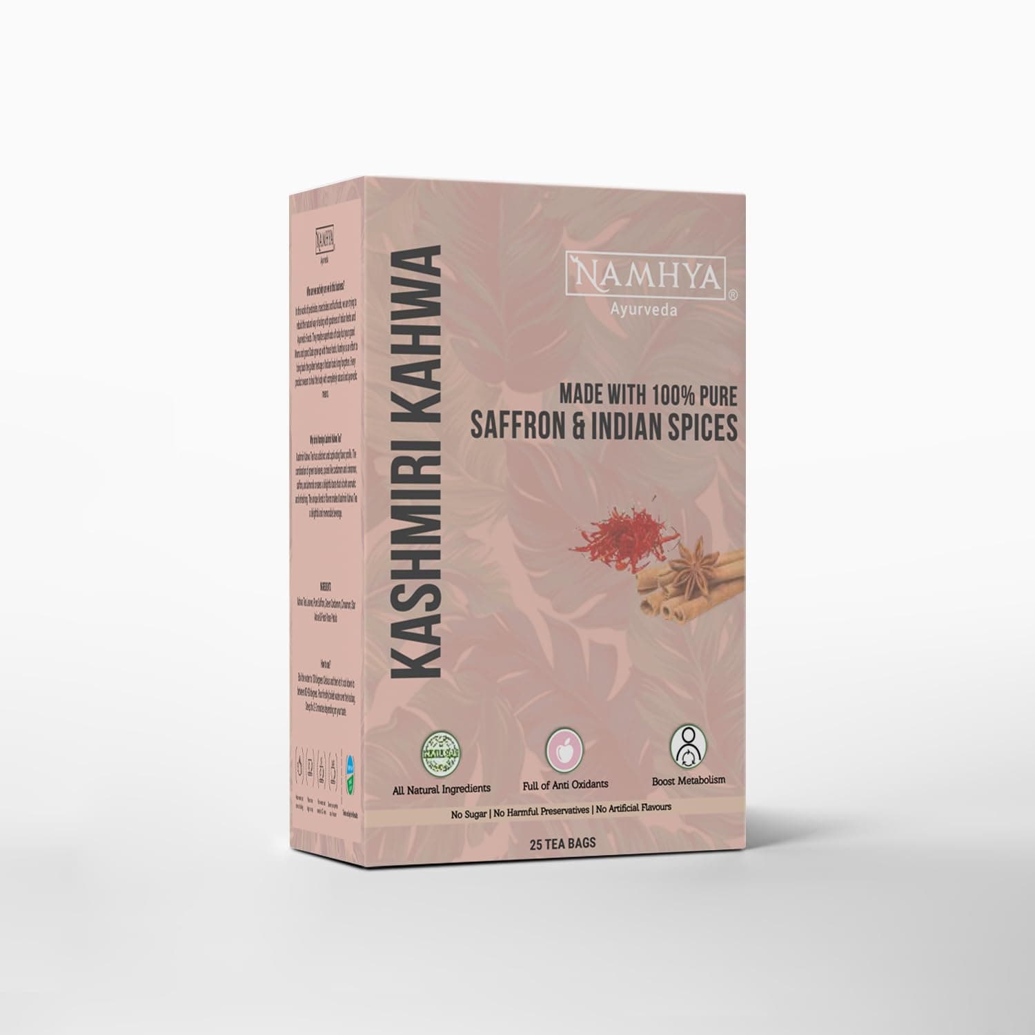 NAMHYA Kashmiri Kahwa with Pure Saffron, Cardamom, Cinnamon and Rose Petals 3.53 oz (Tea bags)