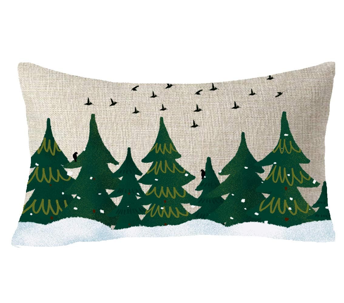 FELENIWHappy Winter Snowflakes Forest Tree Birds Merry Christmas (The Blue at The Bottom is a Pattern Design, not Dyed) Cotton Linen Decorative Throw Pillow Cover Cushion Case Lumbar 12x20 inches