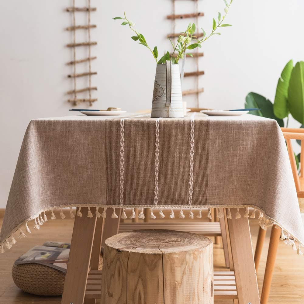 Pahajim Rectangle Table Cloth Linen Cotton Tablecloth Embroidery Burlap Kitchen Dinning Table Cloths Rustic Farmhouse Tablecloths for Outdoor Party (Coffee, Rectangle/Oblong,55 x 87 Inch)