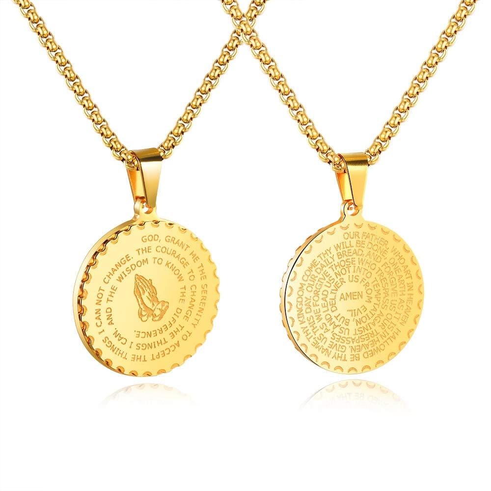 Bible Verse Prayer Gold Necklace with 21.6" Chain Christian Jewelry Stainless Steel Praying Hands English Engraved Coin Medal Pendant