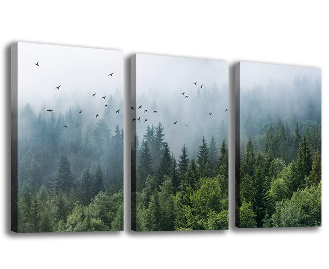Green Forest Wall Art Tropical Virgin Forest Mountain Bird Contemporary Canvas Pictures Modern Artwork Framed for Bathroom Bedroom Nursery Living Room Home Office Kitchen Wall Decor 16" x 24" 3 Pieces