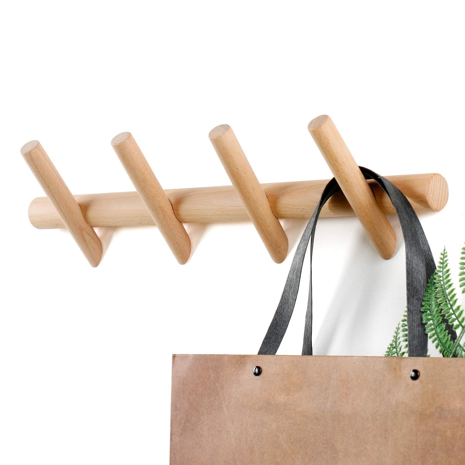 Wood Coat Hooks Wall Mounted Hat Rack Tower Hanger Wall Hooks Decorative Hanger with Pegs Entryway Bedroom Bathroom(Beech Wood,4 Hooks)