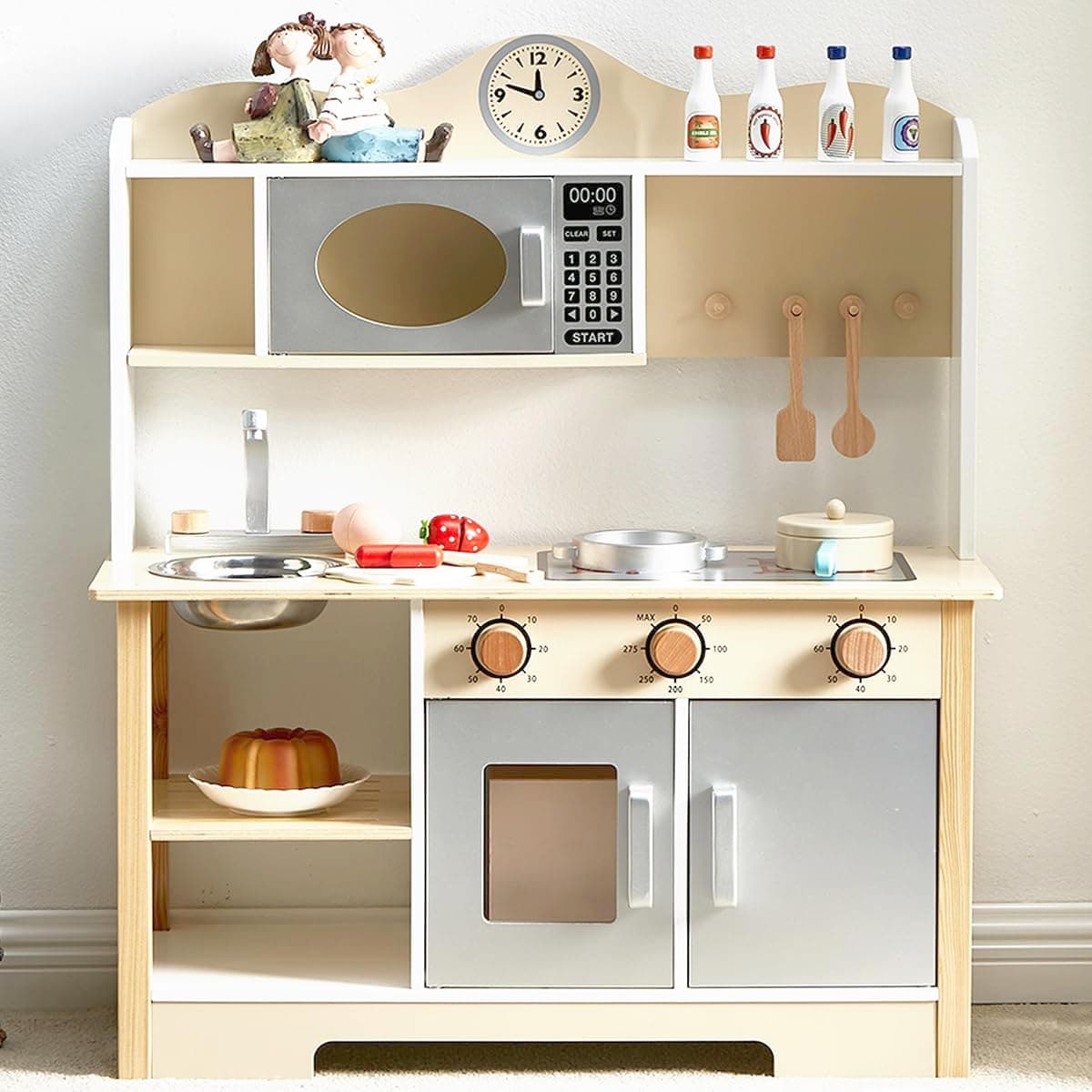 Wooden Play Kitchen, Kids Toy Kitchen Cooking Set, Kids Play Kitchen Pretend Play Set, Pretend Kitchen Playset for Toddlers Boys and Girls 3-7+