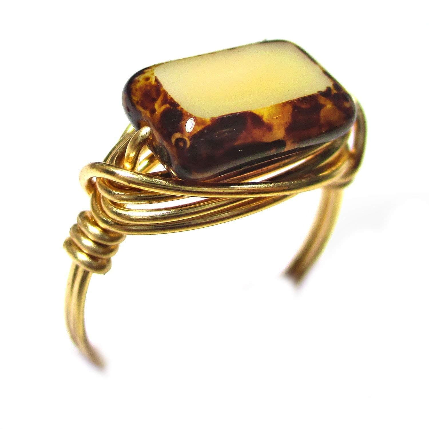 Tortoise Shell Table Cut CZ Art Glass Handmade Copper-Gold-Silver Solitaire Wire Wrap Women’s Ring Jewelry Gift for Her Hand-Crafted in USA