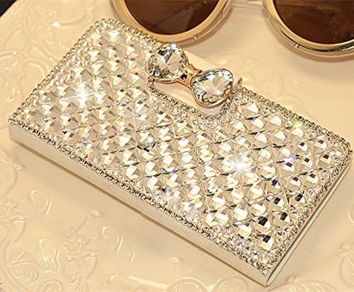 White Luxury 3D Fashion Bling Diamond Bow PU Flip Wallet Leather Case Cover For Smart Mobile Phones (Nokia Lumia 1520)