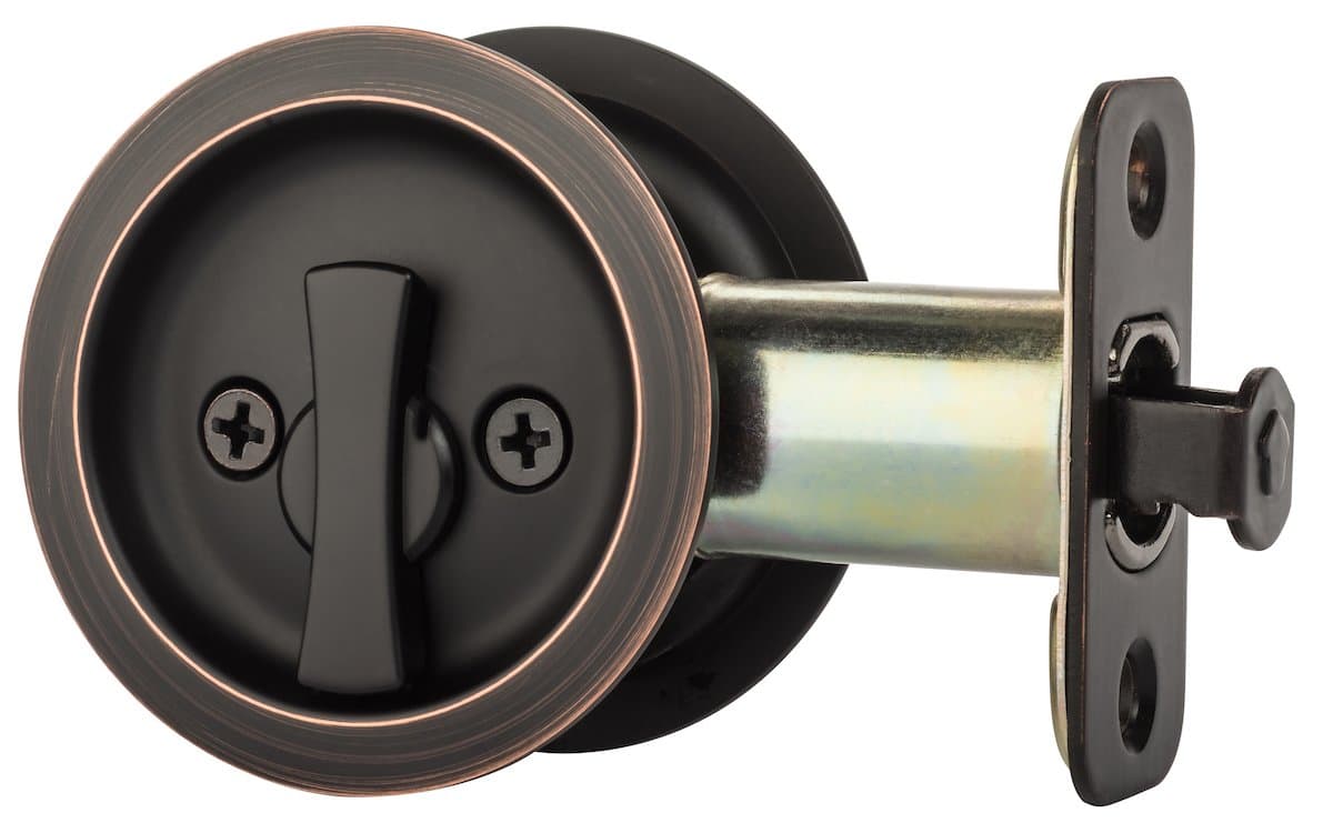 Dynasty Hardware Pocket Door Latch, Round Sliding Handle for Bathroom or Bedroom, Locking Passage Pull, Easy Install Pocket Door Hardware, Aged Oil Rubbed Bronze Finish, 2-3/8" Backset, Universal Fit