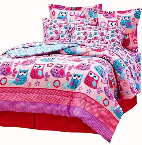 Lauren Cole Nature Hoot Owls & Flowers Girls Pink Teal Twin Size Comforter & Sheets Bed Set