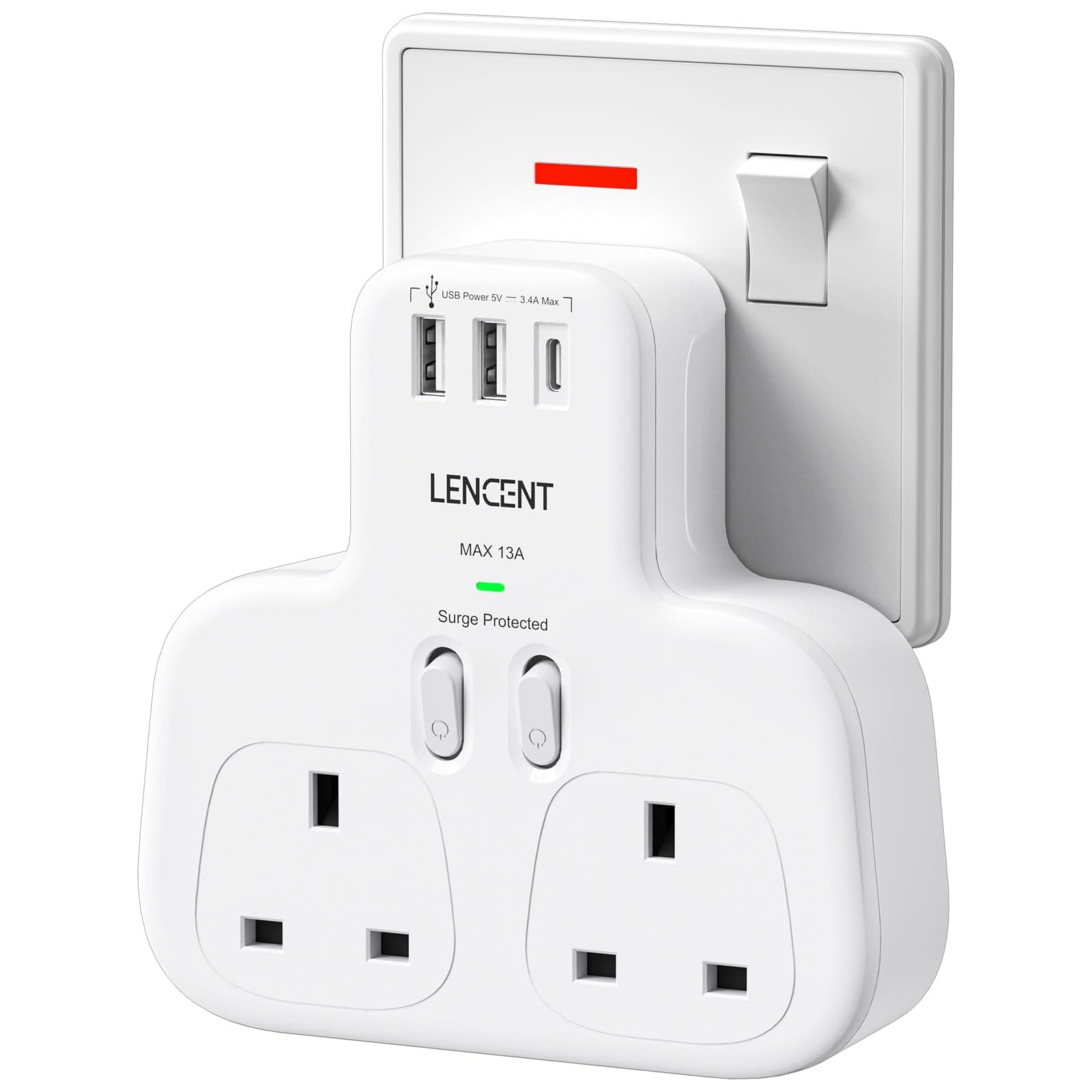 LENCENT Dual Plug Adapter with 1 USB-C and 2 USB Ports, 5-in-1 Plug Extension, 3250W, White, Plastic, Surge Protection for Home Appliances, iPhone, Smartphones, Tablets