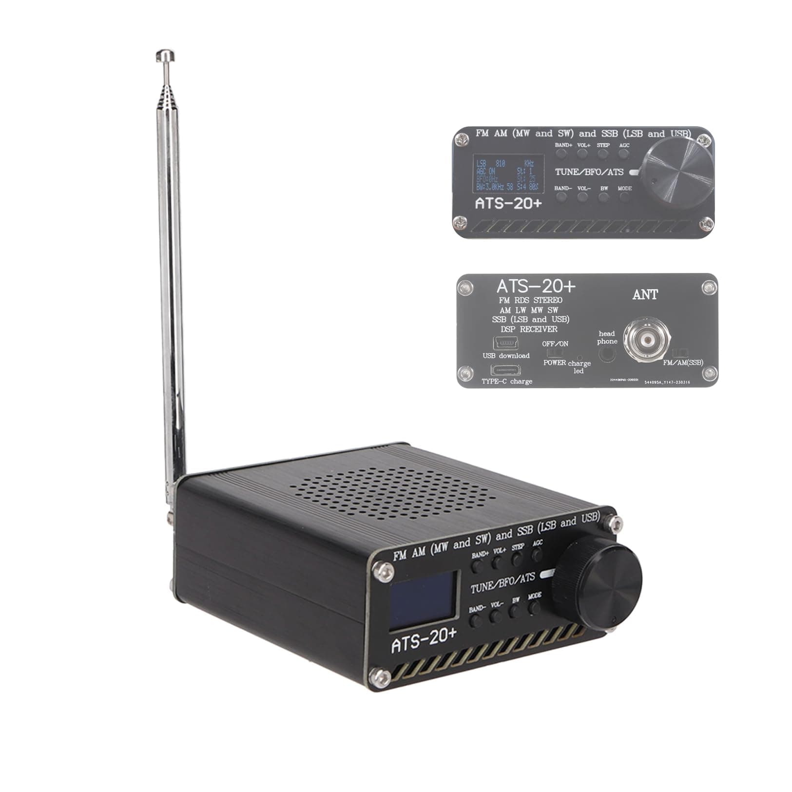 ATS 20 Plus Radio Receiver, Si4732 Portable Small Full Band Radio Receiver FM AM MW SW and SSB LSB USB, 1.5W Speaker, Antenna and Aluminum Alloy Case