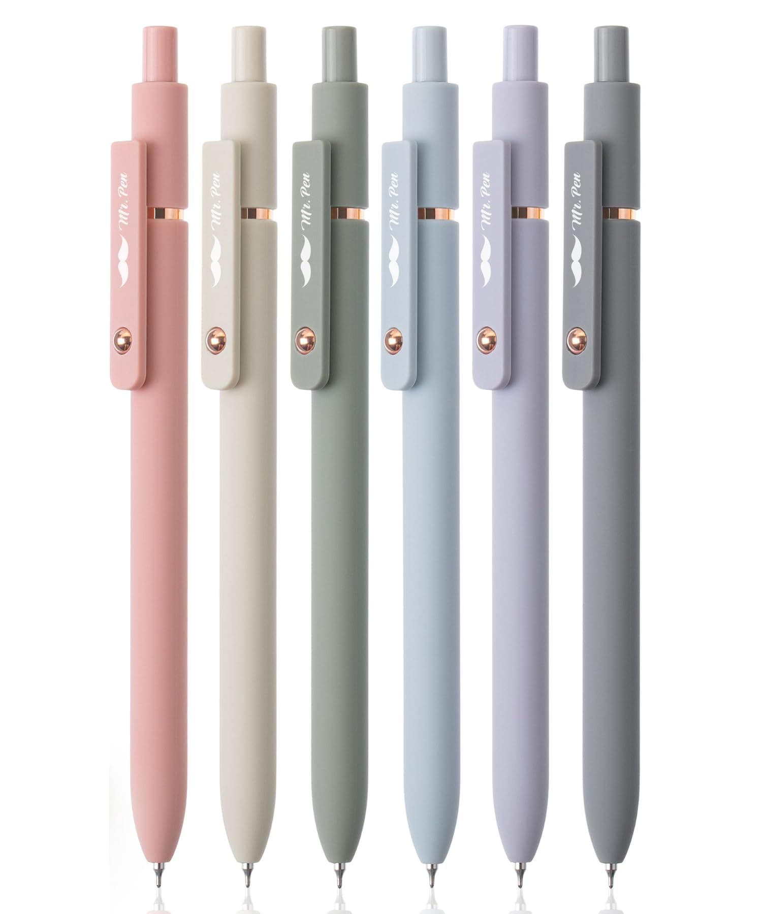 Mr. Pen- Retractable Gel Pens with Rose Gold Ring and Ball, 6 Pack, Morandi Barrels, Japanese Black Gel Pens, Fast Dry, Fine Point 0.5mm