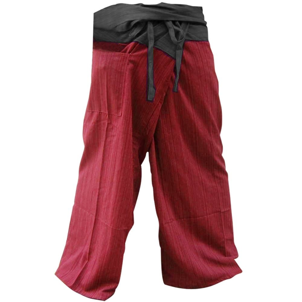 hugde Thai Fisherman Pants Yoga Trousers Free Size Plus Size Cotton Drill Charcoal and Rustic Red Stripe by Hugdethailand