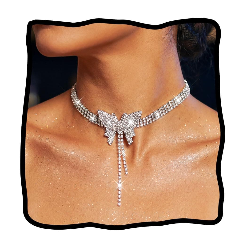 Rhinestone Choker Necklace Silver Diamond Row Necklaces Sparkly Crystal Prom Jewerly for Women