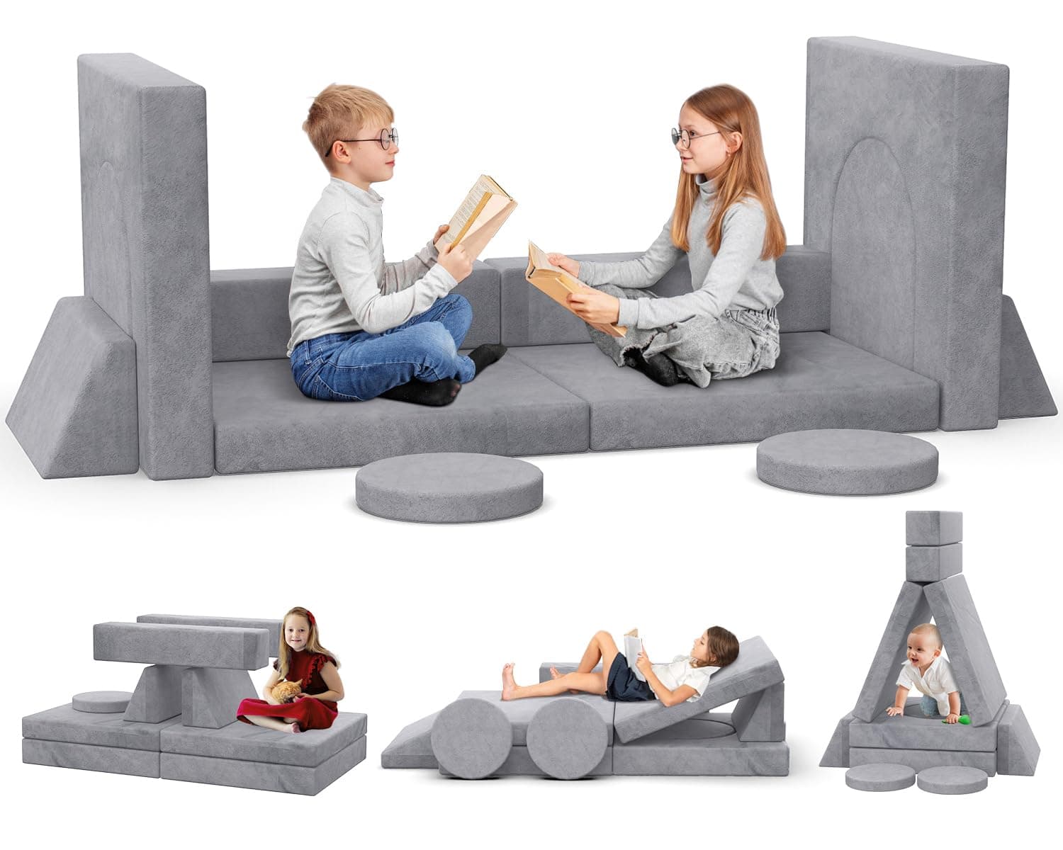 BIERUM Kids Couch, 12PCS Modular Kids Play Sofa with Blanket, Toddler Couch for Bedroom Playroom, Kids Sofa for Developing Child Intelligence, Creativity and Imagination, Gray