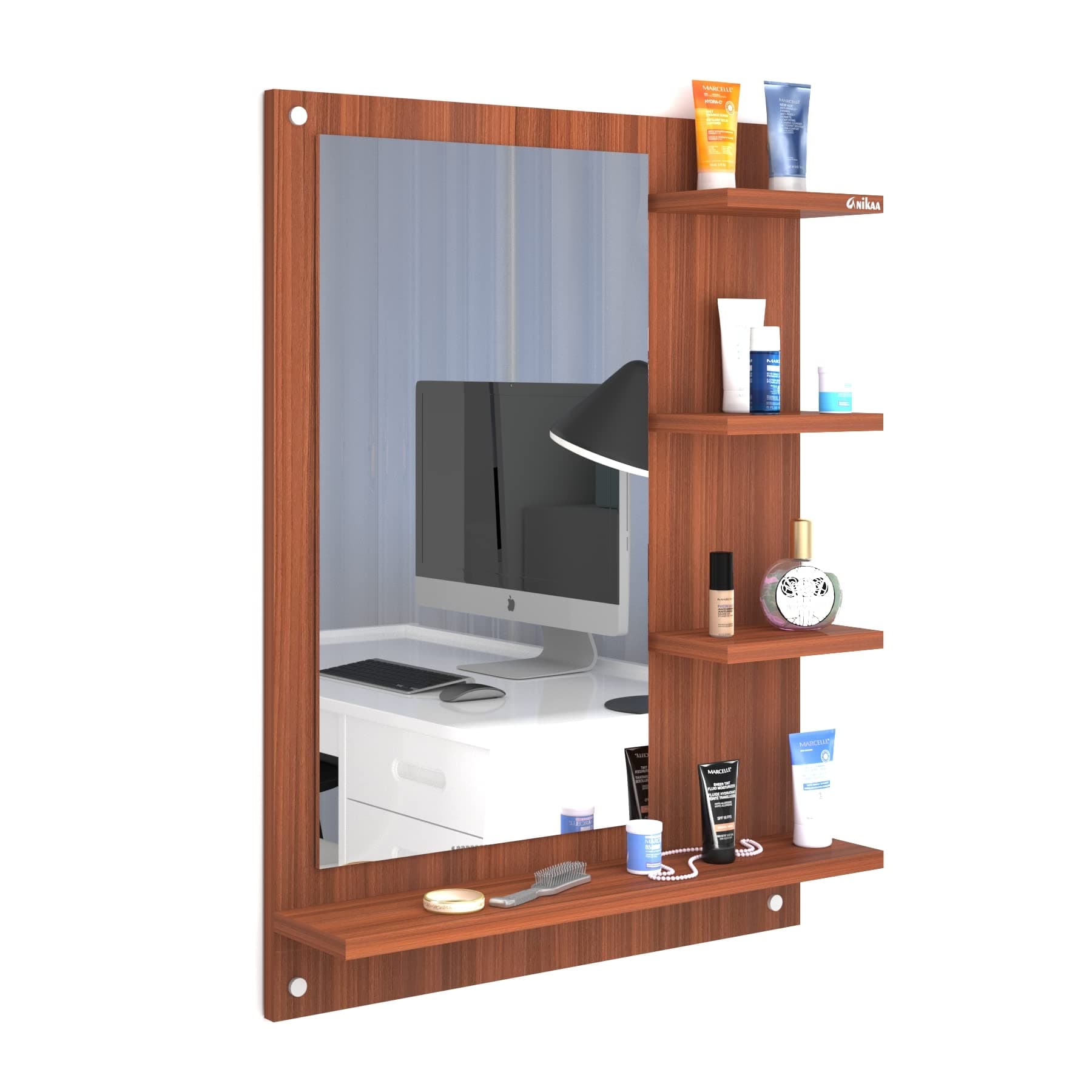 Anikaa Mavis Dressing Wall Unframed Mirror with Rectangular Shelves/Wall Hanging Dressing Unframed Mirror S with Shelf for Living Room Bedroom (Walnut) - Engineered Wood