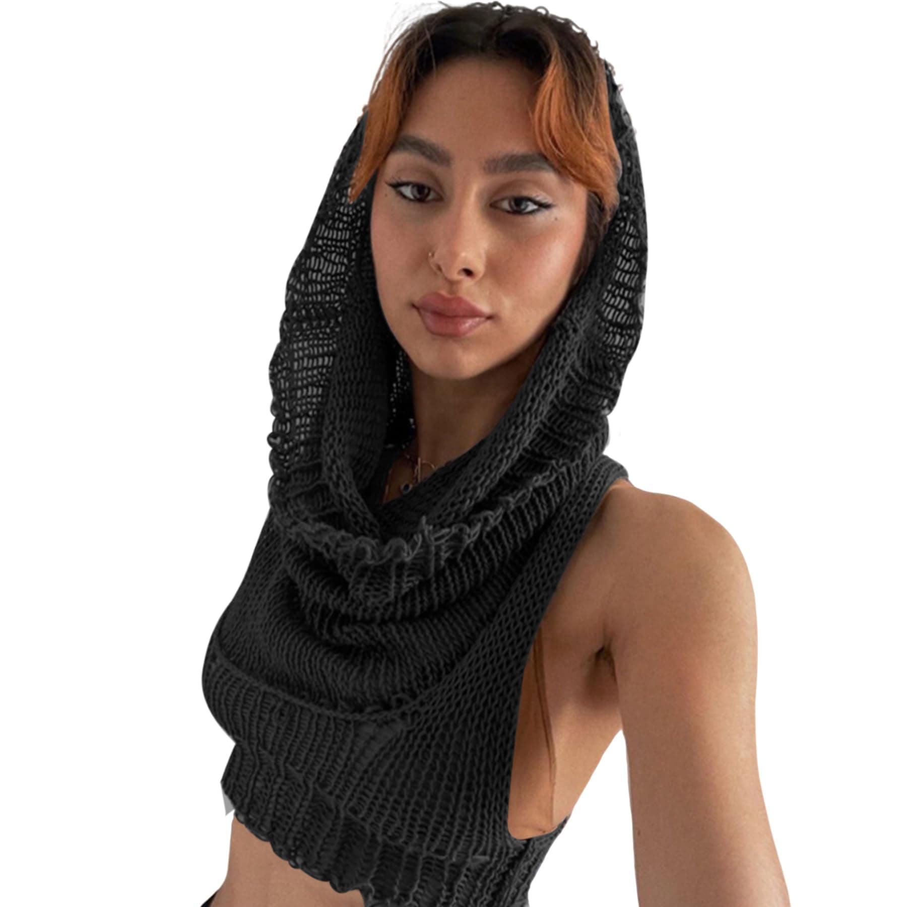 Women Knitted Hoodie Sweater Vest Sexy Sleeveless Hollow Out Hooded Crop Top Streetwear Rave Oufit