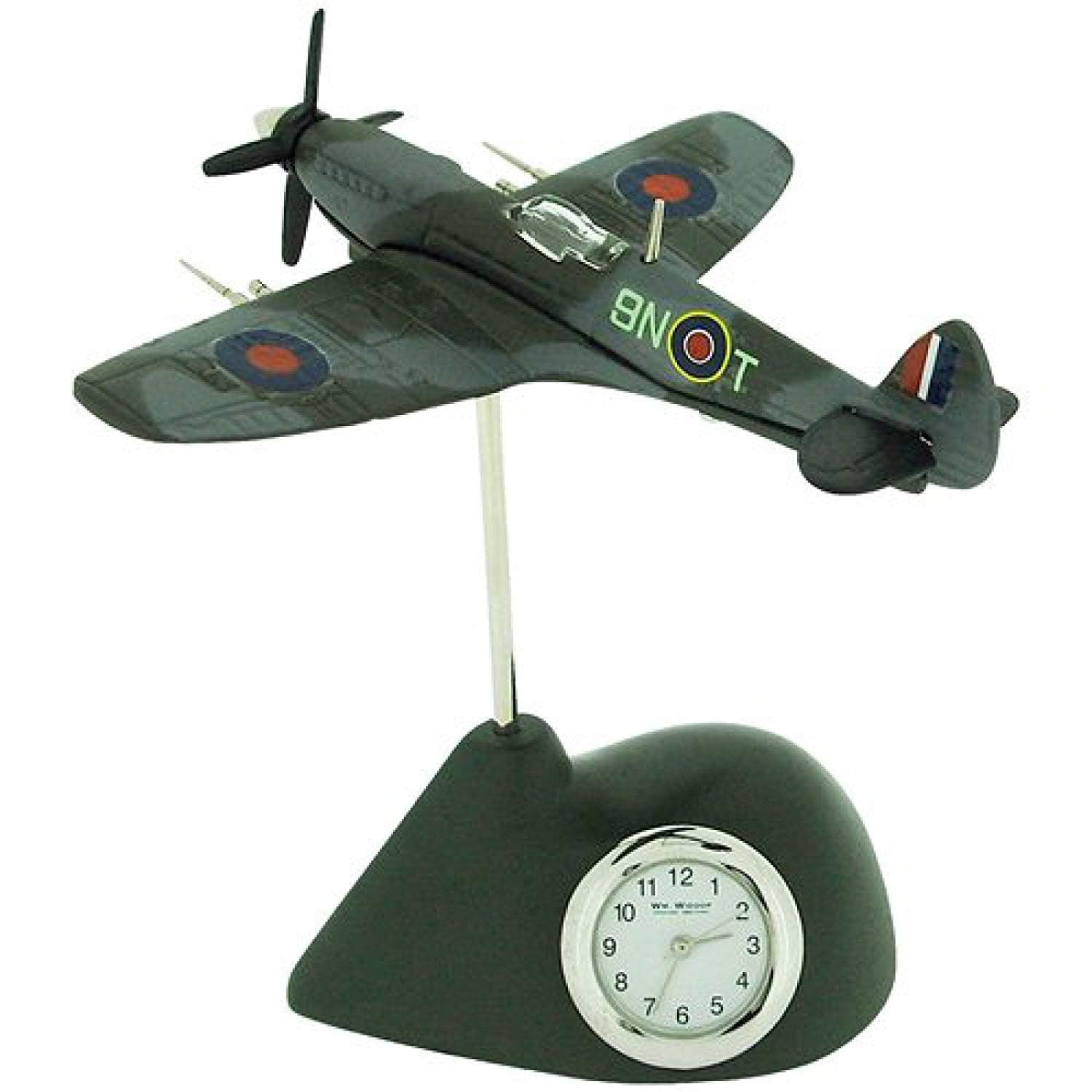 W M Widdop Miniature Khaki Techno Flying Spitfire Novelty Desktop Collectors Clock 9420