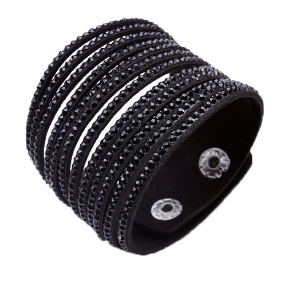 TOUCHFashion Black Wide Cuff Leather Rhinestone Slake Bracelet